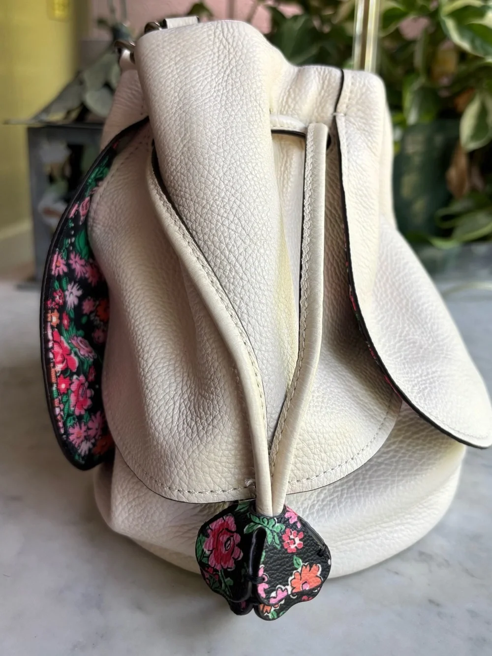 Coach White Pebbled Leather Drawstring Petal Shoulder Bag with Floral Tassels